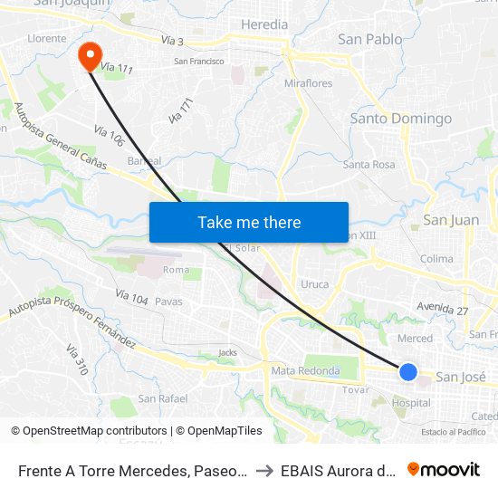Frente A Torre Mercedes, Paseo Colón San José to EBAIS Aurora de Heredia map