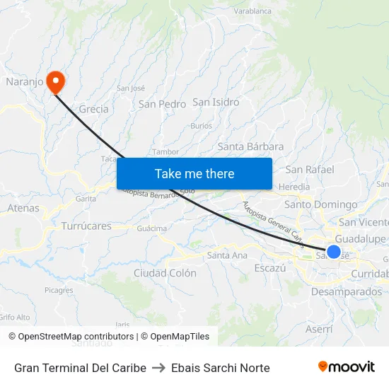 Gran Terminal Del Caribe to Ebais Sarchi Norte map