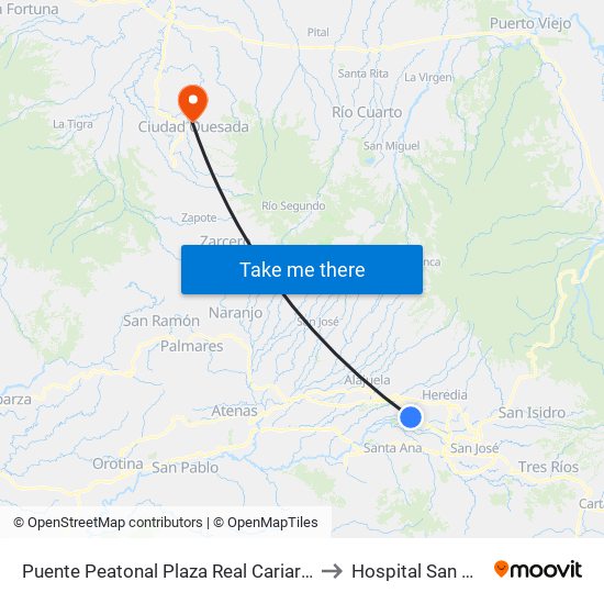 Puente Peatonal Plaza Real Cariari, Heredia to Hospital San Carlos map