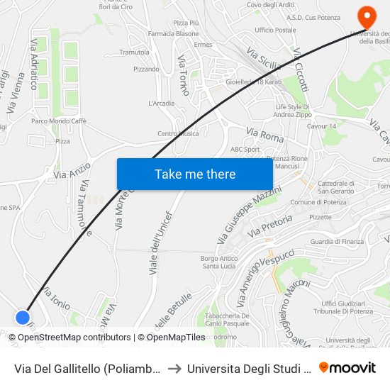 Via Del Gallitello (Poliambulatorio Calcutta) to Universita Degli Studi Della Basilicata map