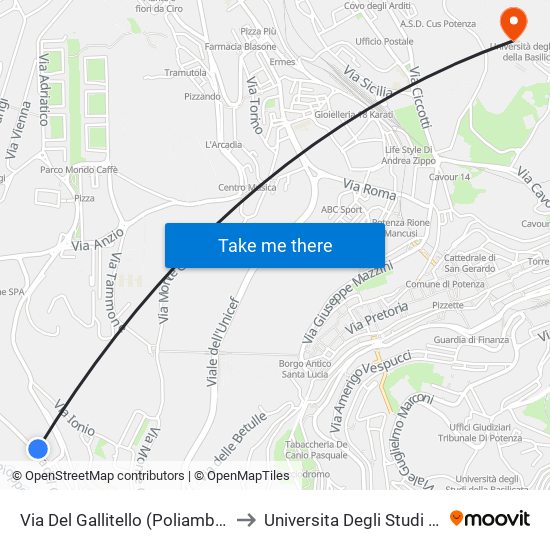 Via Del Gallitello (Poliambulatorio Calcutta) to Universita Degli Studi Della Basilicata map