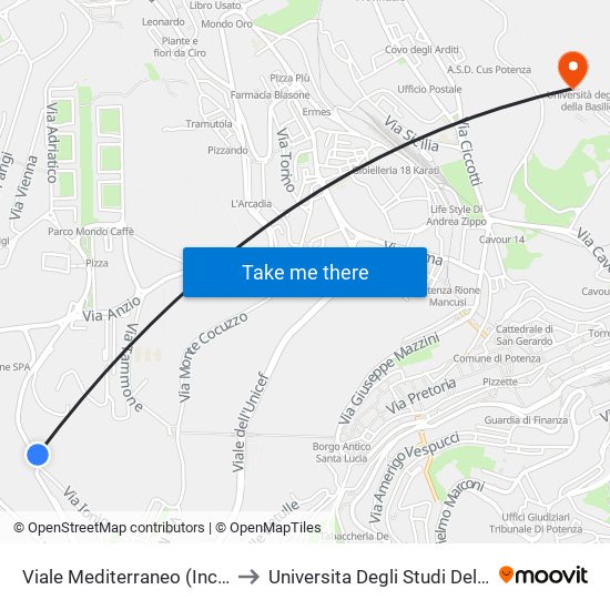 Viale Mediterraneo (Incr. Via Ionio) to Universita Degli Studi Della Basilicata map