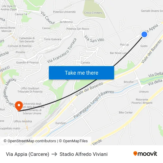 Via Appia (Carcere) to Stadio Alfredo Viviani map