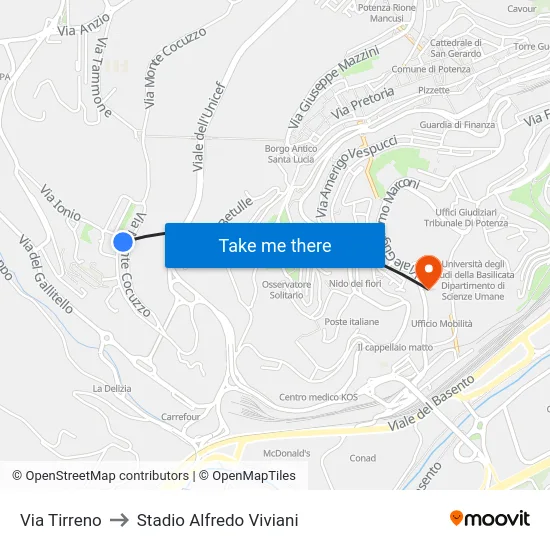 Via Tirreno to Stadio Alfredo Viviani map