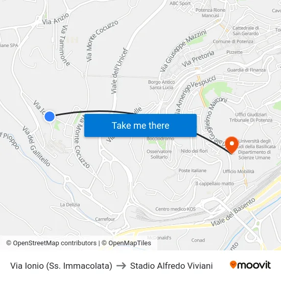 Via Ionio (Ss. Immacolata) to Stadio Alfredo Viviani map