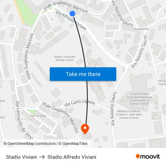 Stadio Viviani to Stadio Alfredo Viviani map