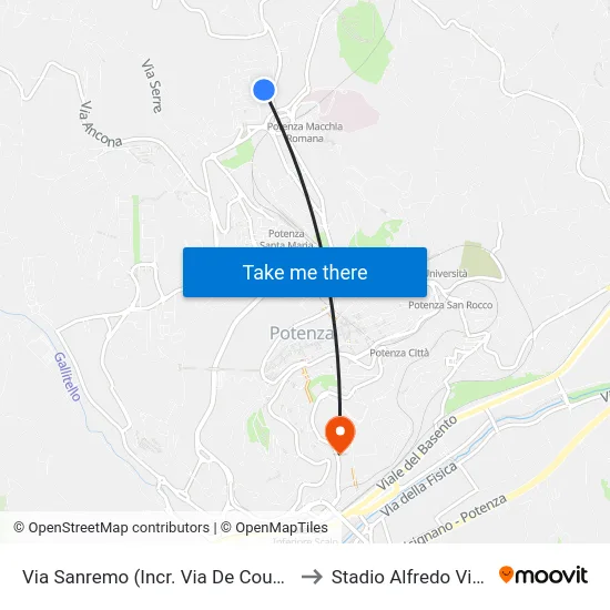 Via Sanremo (Incr. Via De Coubertin) to Stadio Alfredo Viviani map