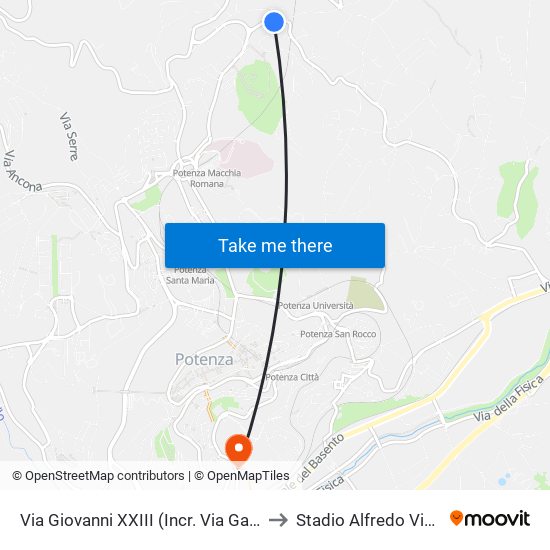 Via Giovanni XXIII (Incr. Via Gandhi) to Stadio Alfredo Viviani map