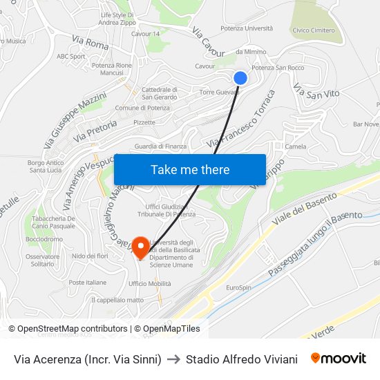 Via Acerenza (Incr. Via Sinni) to Stadio Alfredo Viviani map