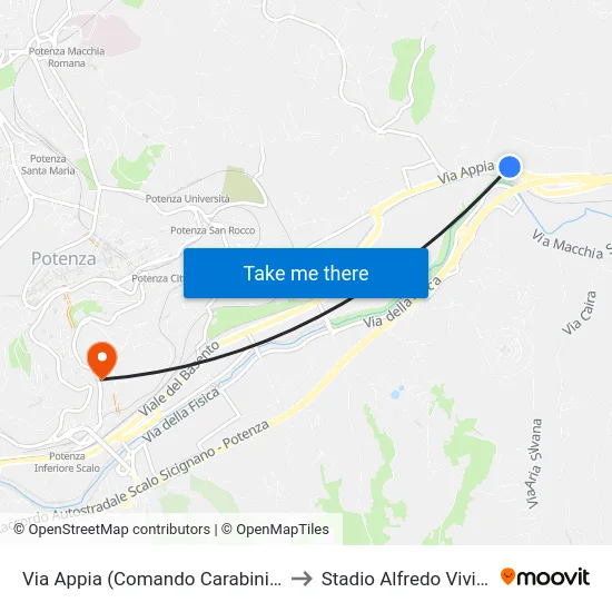 Via Appia (Comando Carabinieri) to Stadio Alfredo Viviani map
