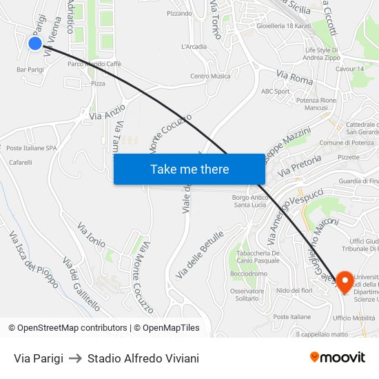 Via Parigi to Stadio Alfredo Viviani map