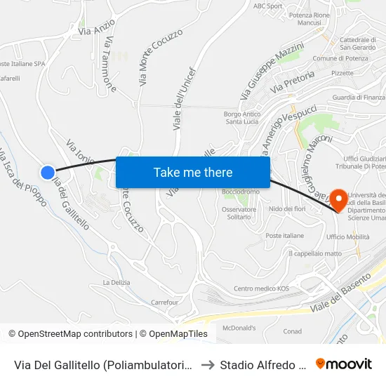 Via Del Gallitello (Poliambulatorio Calcutta) to Stadio Alfredo Viviani map