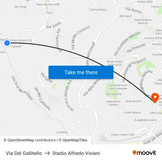 Via Del Gallitello to Stadio Alfredo Viviani map