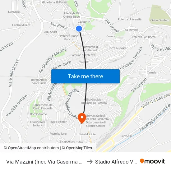 Via Mazzini (Incr. Via Caserma Lucania) to Stadio Alfredo Viviani map