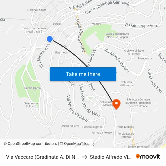 Via Vaccaro (Gradinata A. Di Napoli) to Stadio Alfredo Viviani map