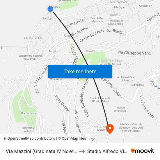 Via Mazzini (Gradinata IV Novembre) to Stadio Alfredo Viviani map