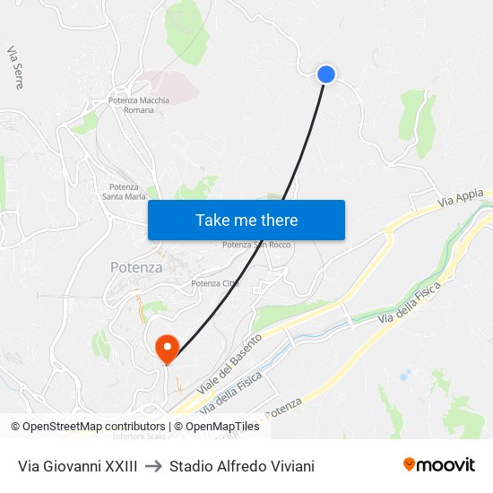 Via Giovanni XXIII to Stadio Alfredo Viviani map