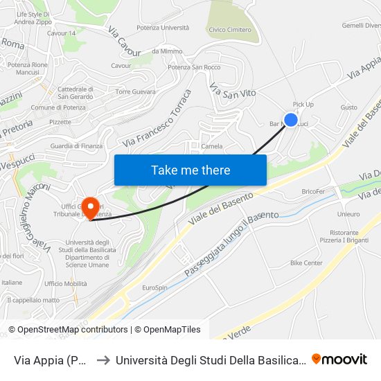 Via Appia (Ponte Nove Luci) to Università Degli Studi Della Basilicata Dipartimento Di Scienze Umane map