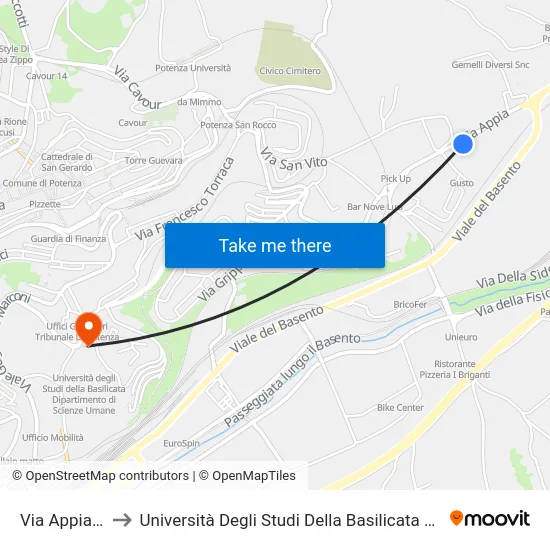 Via Appia (Carcere) to Università Degli Studi Della Basilicata Dipartimento Di Scienze Umane map