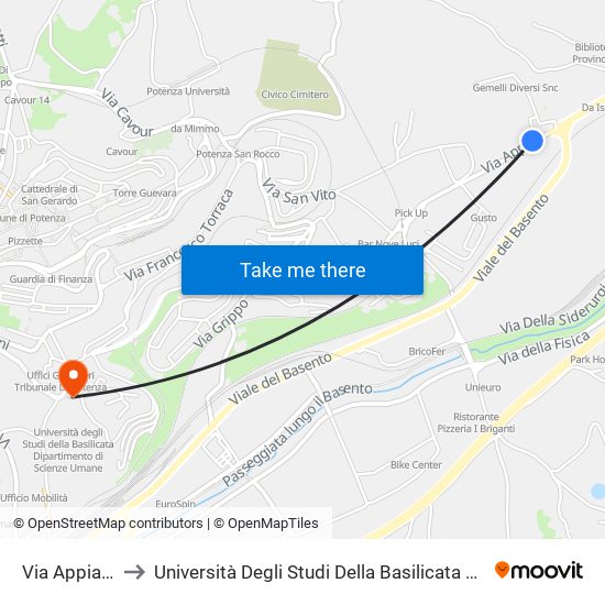 Via Appia (Carcere) to Università Degli Studi Della Basilicata Dipartimento Di Scienze Umane map