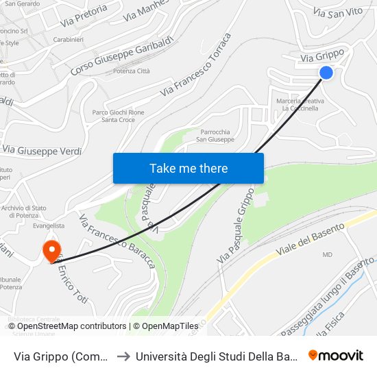 Via Grippo (Complesso Sportivo Caizzo) to Università Degli Studi Della Basilicata Dipartimento Di Scienze Umane map