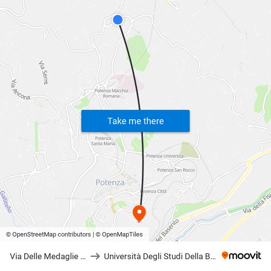 Via Delle Medaglie Olimpiche  (Incr. Via Faggin) to Università Degli Studi Della Basilicata Dipartimento Di Scienze Umane map