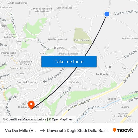 Via Dei Mille (Agenzia Delle Entrate) to Università Degli Studi Della Basilicata Dipartimento Di Scienze Umane map