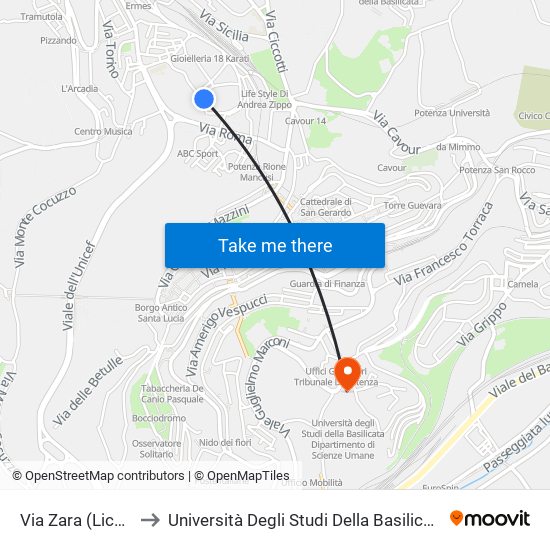 Via Zara (Liceo Pedagogico) to Università Degli Studi Della Basilicata Dipartimento Di Scienze Umane map