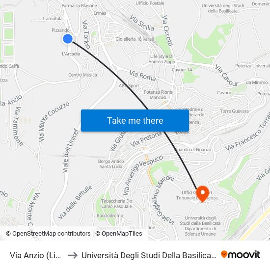 Via Anzio (Liceo Scientifico) to Università Degli Studi Della Basilicata Dipartimento Di Scienze Umane map