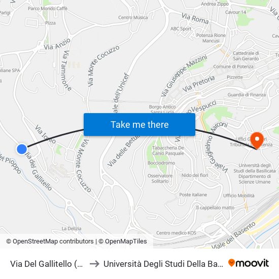 Via Del Gallitello (Poliambulatorio Calcutta) to Università Degli Studi Della Basilicata Dipartimento Di Scienze Umane map