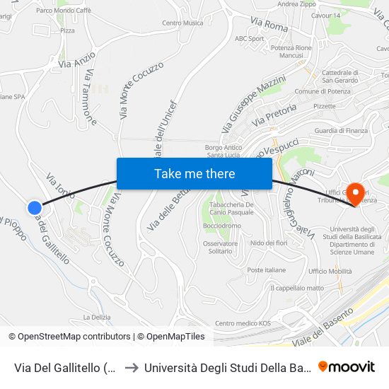 Via Del Gallitello (Poliambulatorio Calcutta) to Università Degli Studi Della Basilicata Dipartimento Di Scienze Umane map