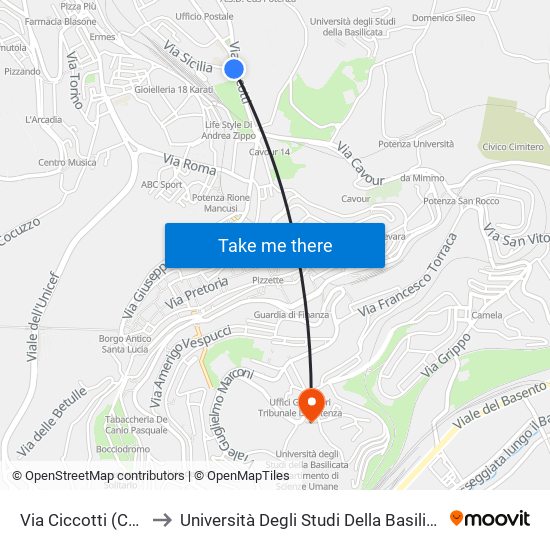 Via Ciccotti (Chiesa Santa Maria) to Università Degli Studi Della Basilicata Dipartimento Di Scienze Umane map