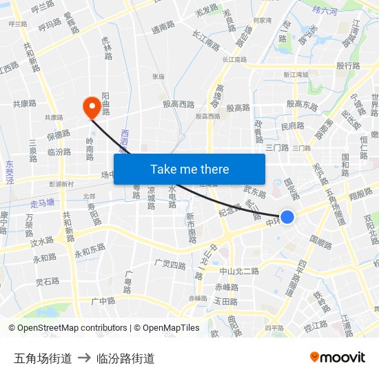 五角场街道 to 临汾路街道 map