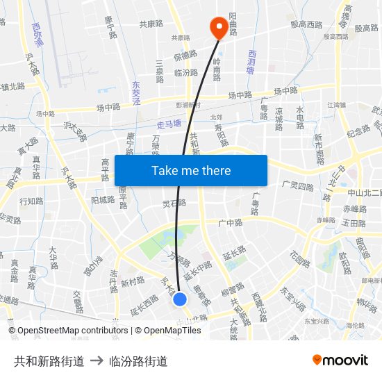 共和新路街道 to 临汾路街道 map