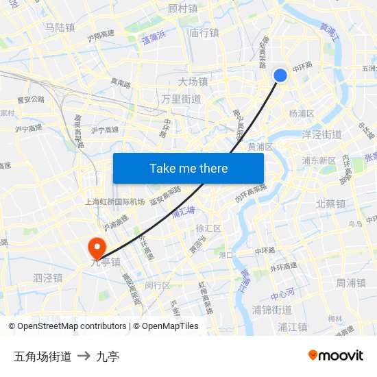 五角场街道 to 九亭 map
