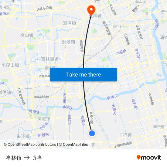 亭林镇 to 九亭 map