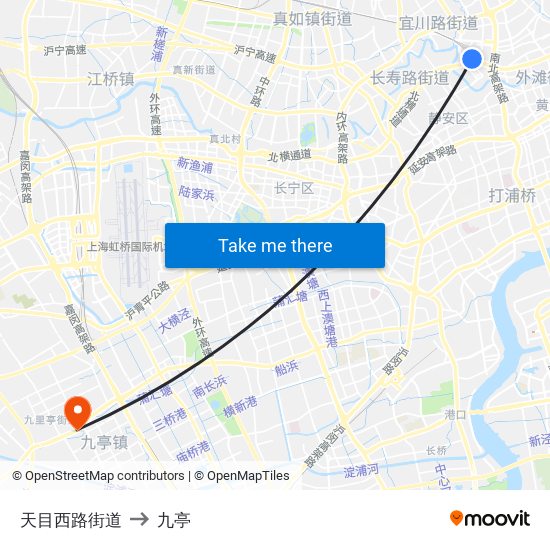 天目西路街道 to 九亭 map