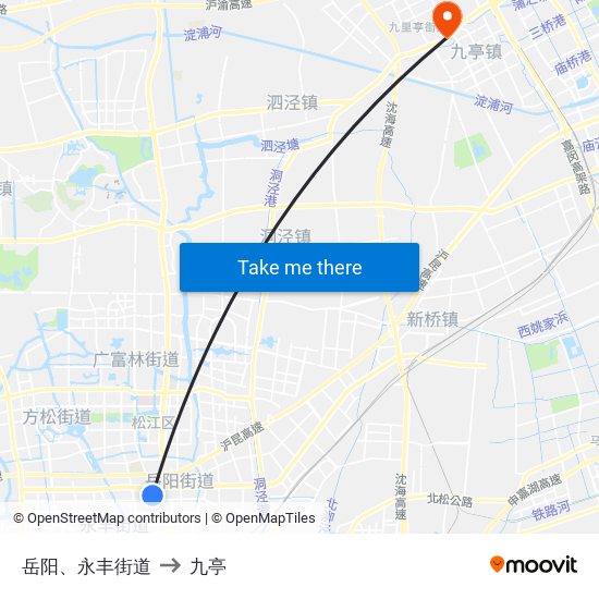 岳阳、永丰街道 to 九亭 map