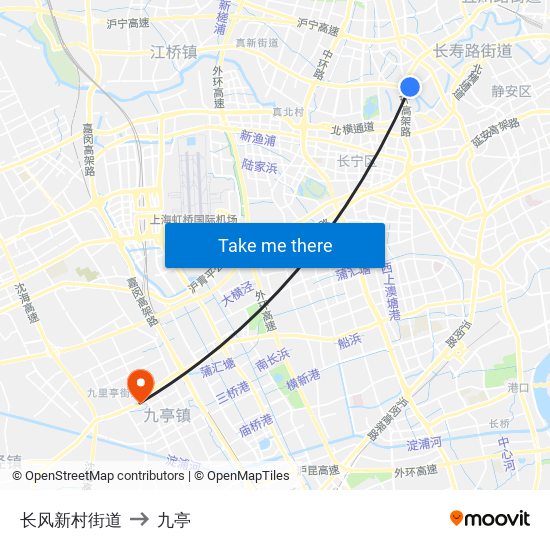 长风新村街道 to 九亭 map