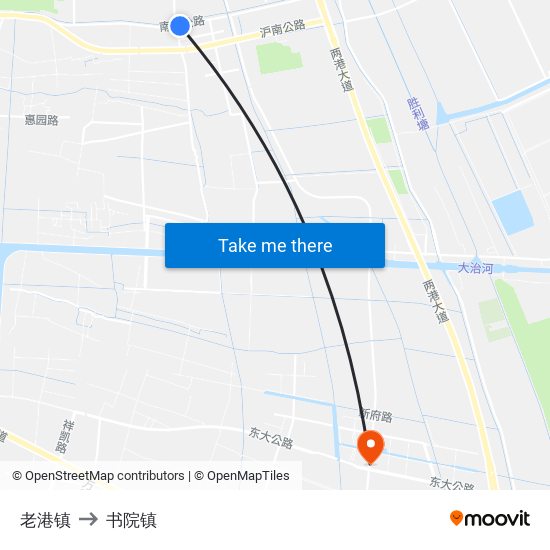 老港镇 to 书院镇 map