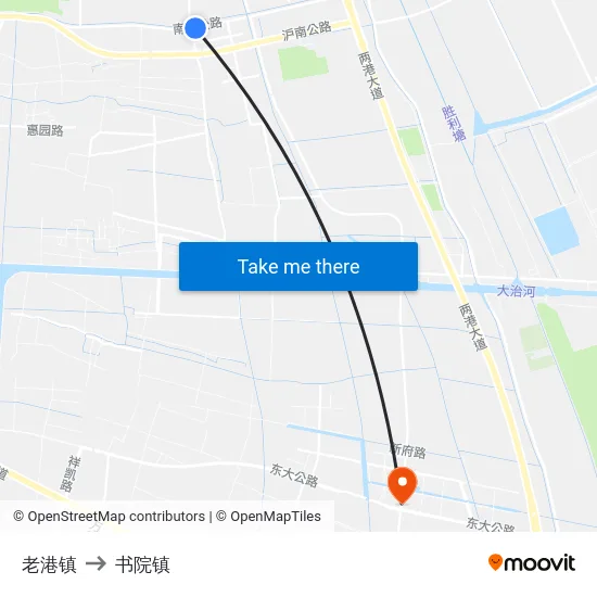 老港镇 to 书院镇 map