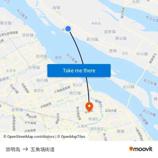 崇明岛 to 五角场街道 map
