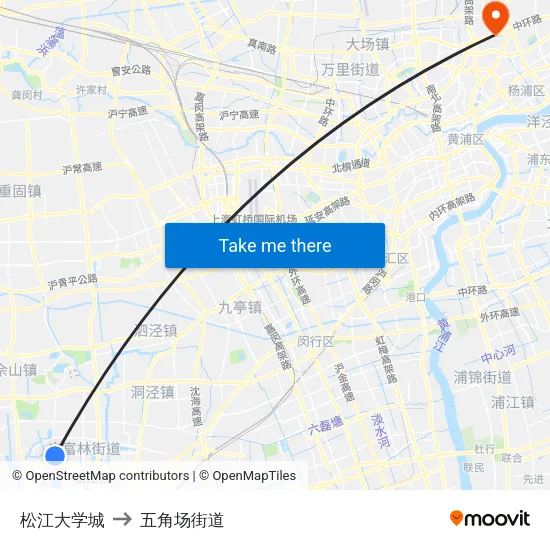 松江大学城 to 五角场街道 map