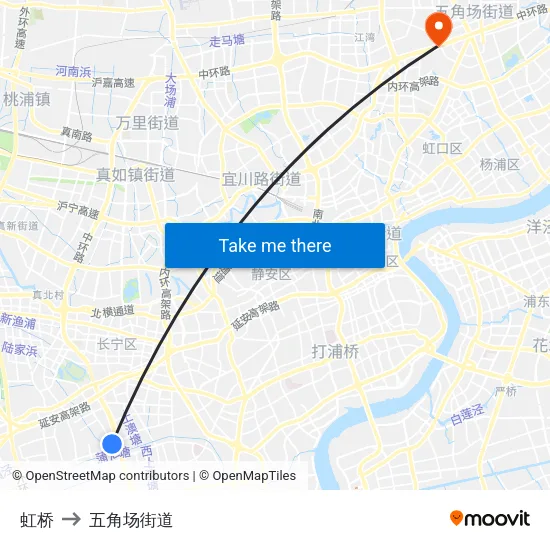 虹桥 to 五角场街道 map