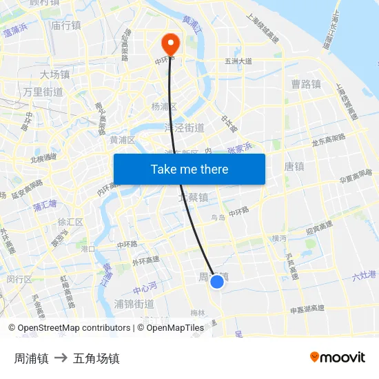 周浦镇 to 五角场镇 map