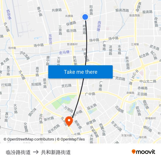 临汾路街道 to 共和新路街道 map