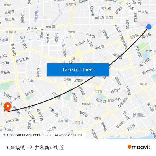 五角场镇 to 共和新路街道 map