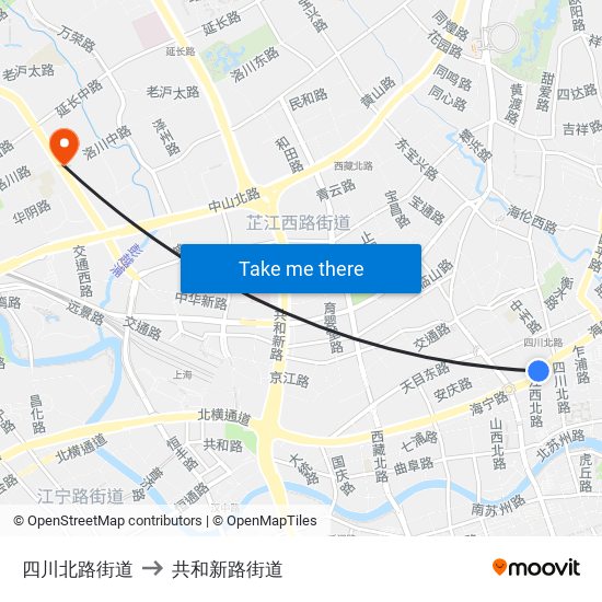 四川北路街道 to 共和新路街道 map