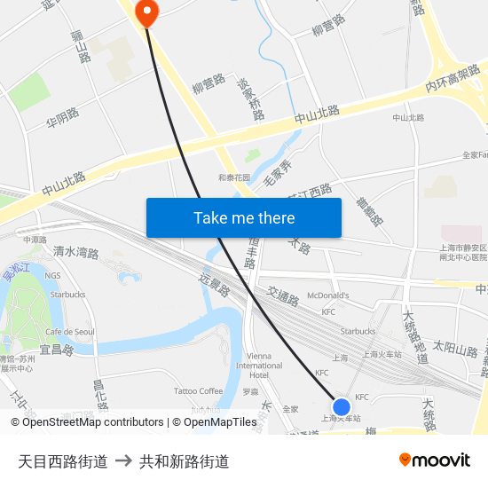 天目西路街道 to 共和新路街道 map