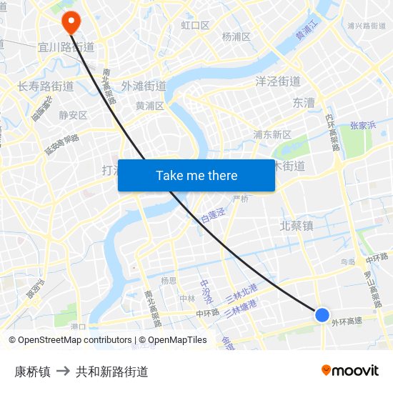 康桥镇 to 共和新路街道 map